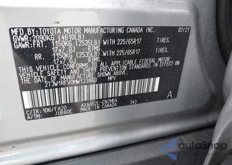 2021 Toyota Rav4 Xle/Xle Premium z USA, uszkodzony, nr VIN 2T3W1RFV0MW133860